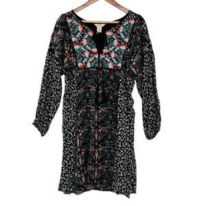Sundance Chelsea long sleeve embroidered black boho floral dress, size S